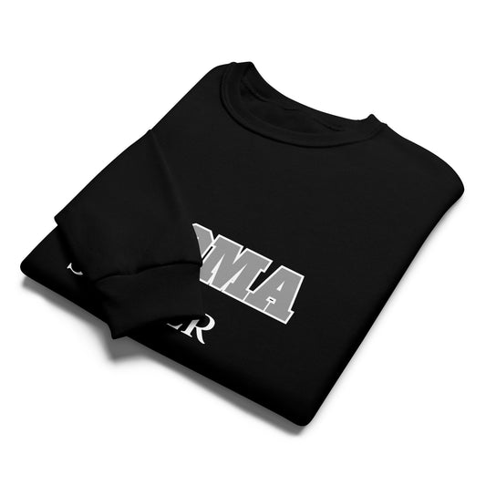 Close-up of the "Tacoma" grey lettering with white outline on a black soccer sweatshirt folded.