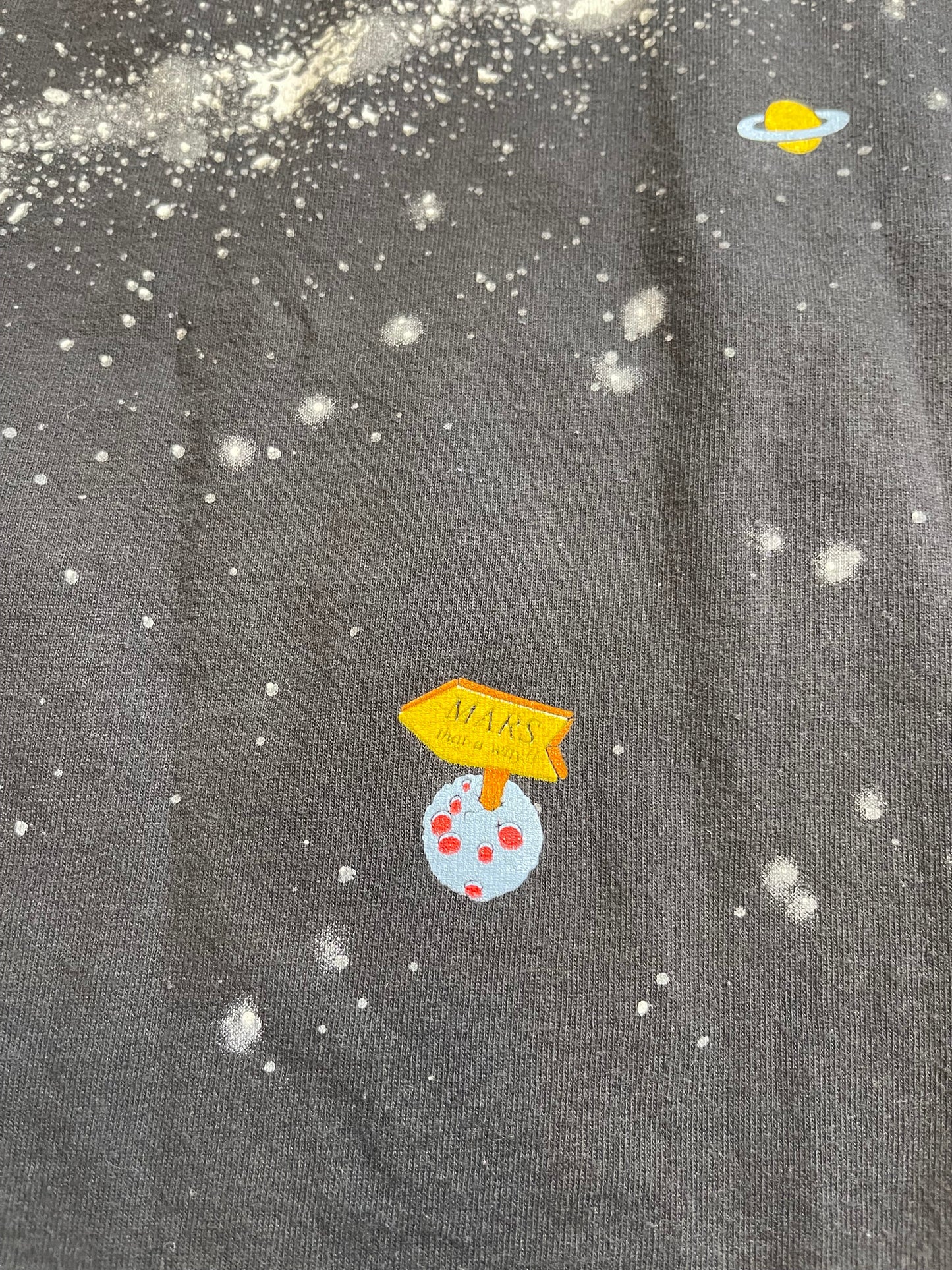 Textured fabric with cartoonish space-themed decorations including planets and stars.