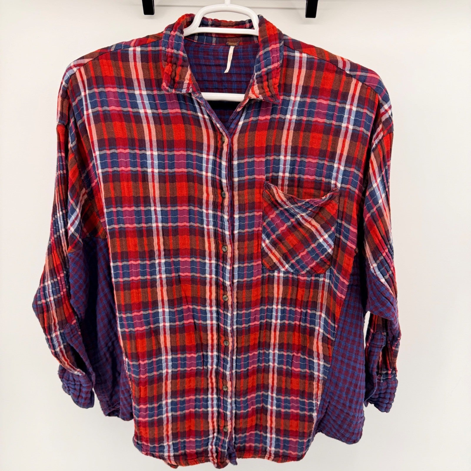 Free People Plaid Mixed Media Flannel Shirt Relaxed Boho Button Down L Red Blue
