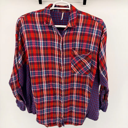 Free People Plaid Mixed Media Flannel Shirt Relaxed Boho Button Down L Red Blue