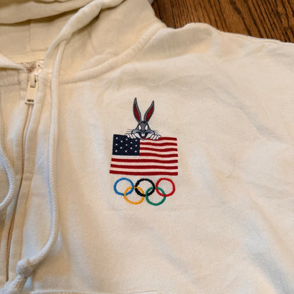 Looney Tunes x Team USA Olympic Zip Up Hoodie Embroidered Cropped Large Cream