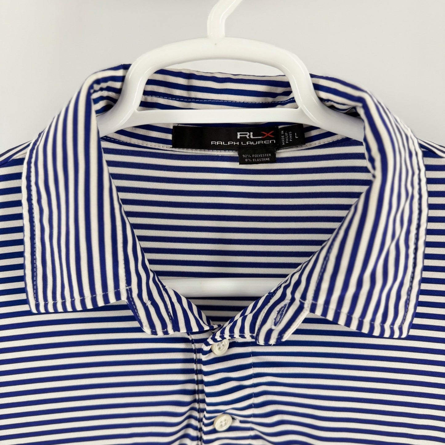 RLX Ralph Lauren Striped Performance Golf Polo Shirt Blue White Mens Large