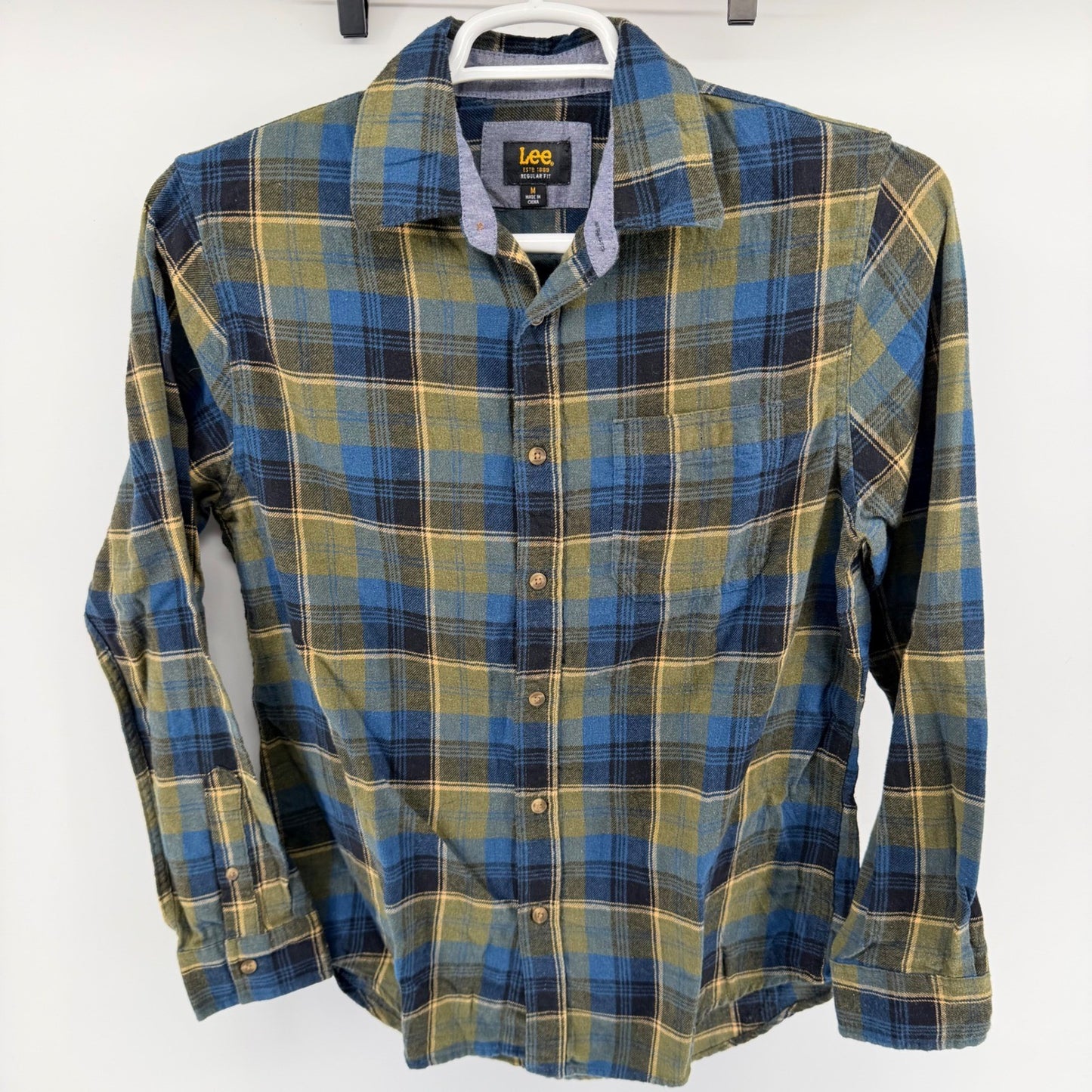 Lee Regular Fit Flannel Shirt Plaid Long Sleeve Workwear Casual Med Blue Olive