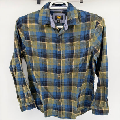 Lee Regular Fit Flannel Shirt Plaid Long Sleeve Workwear Casual Med Blue Olive