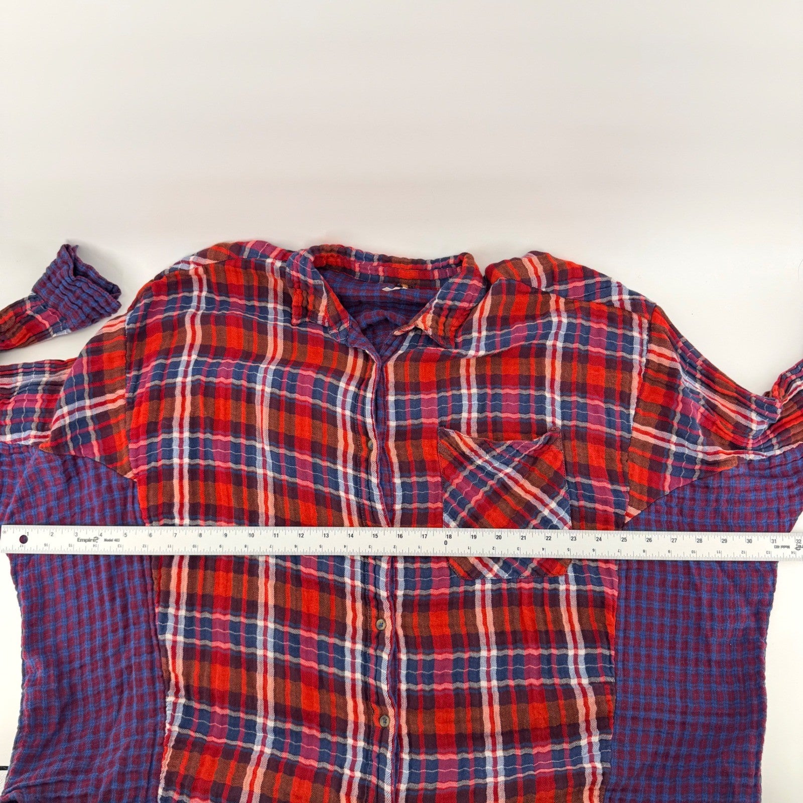 Free People Plaid Mixed Media Flannel Shirt Relaxed Boho Button Down L Red Blue