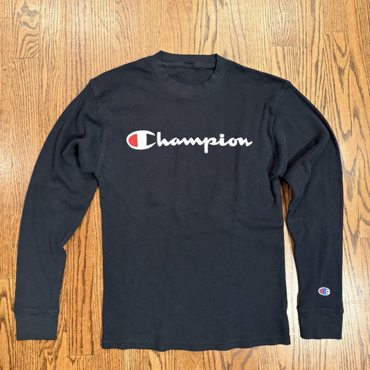 Champion Thermal Base Layer Shirt Black Long Sleeve Logo Size Small (Estimated)