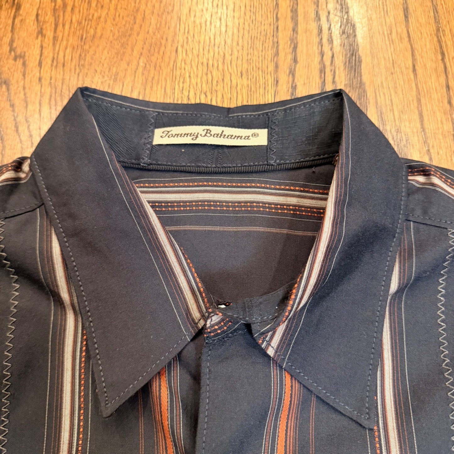 Tommy Bahama Silk Cotton Striped Button Down Shirt Large Brown Orange 83-T32195