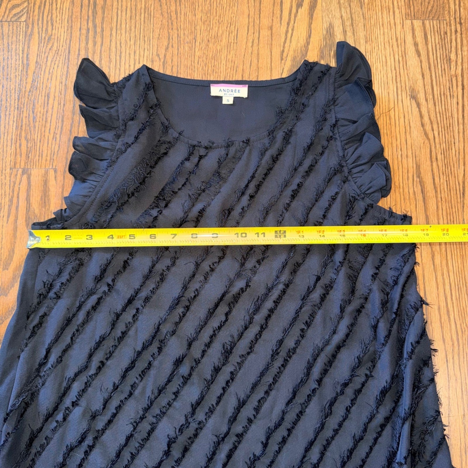 Andree by Unit Fringe Eyelash Ruffle Sleeve Top Size S Black Lightweight Sheer
