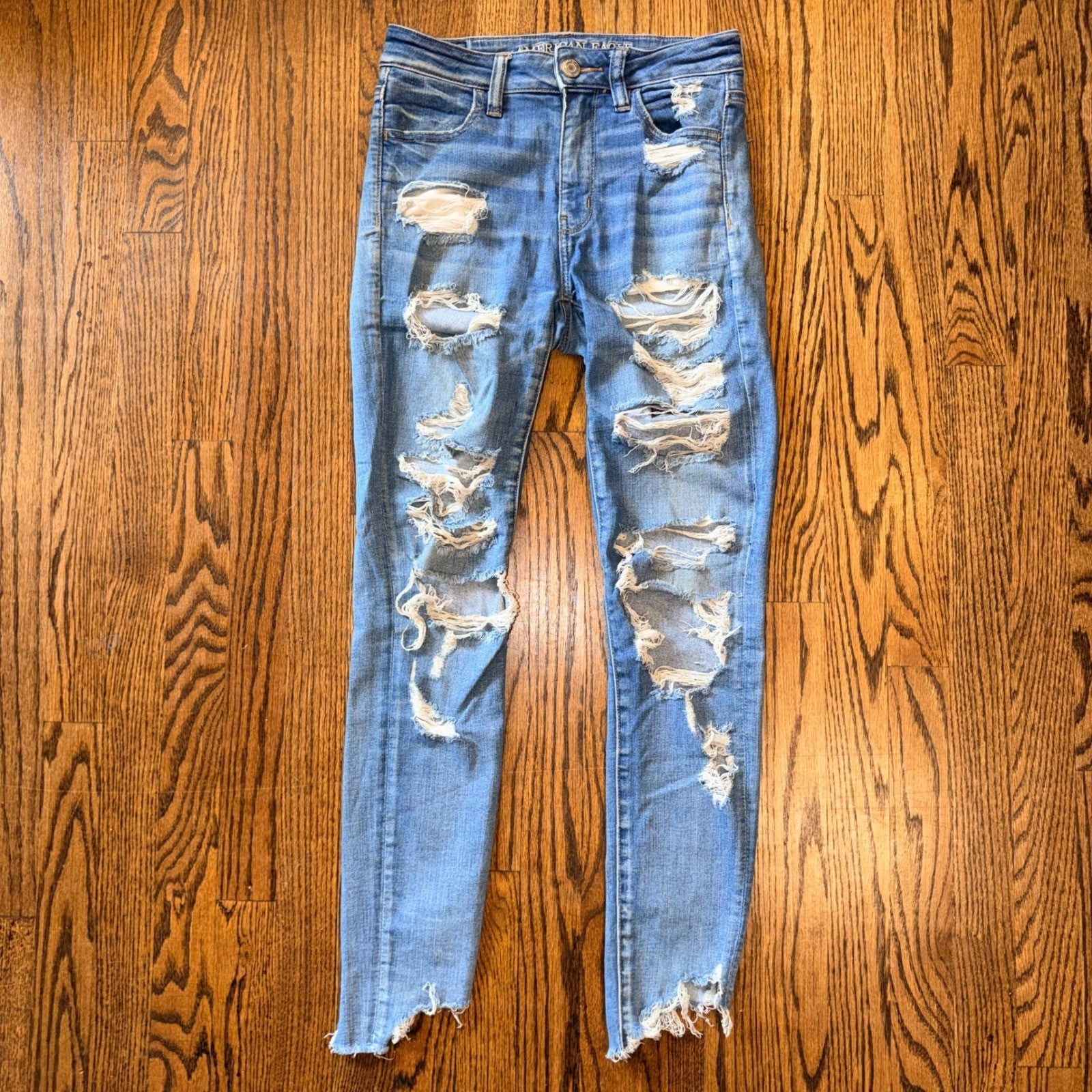 American Eagle Hi-Rise Jegging Distressed Skinny Jeans 4 Medium Wash Blue