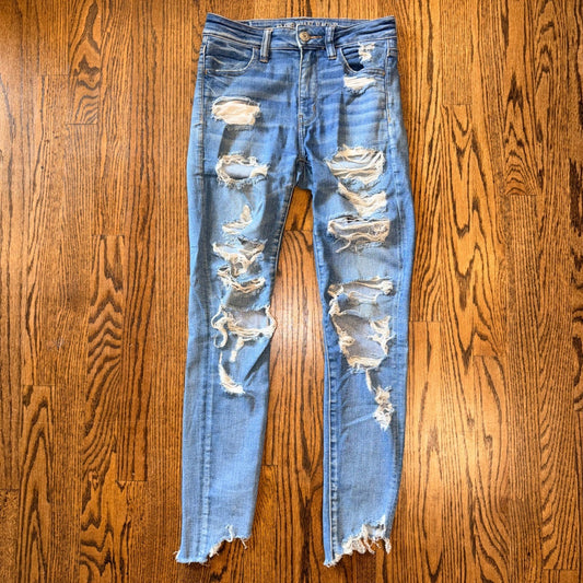 American Eagle Hi-Rise Jegging Distressed Skinny Jeans 4 Medium Wash Blue