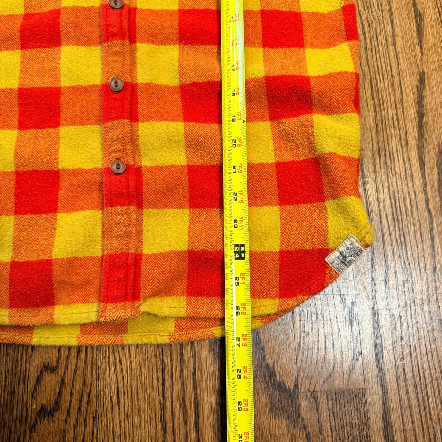 True Religion Buffalo Plaid Flannel Shirt Herringbone Button Down Small Orange