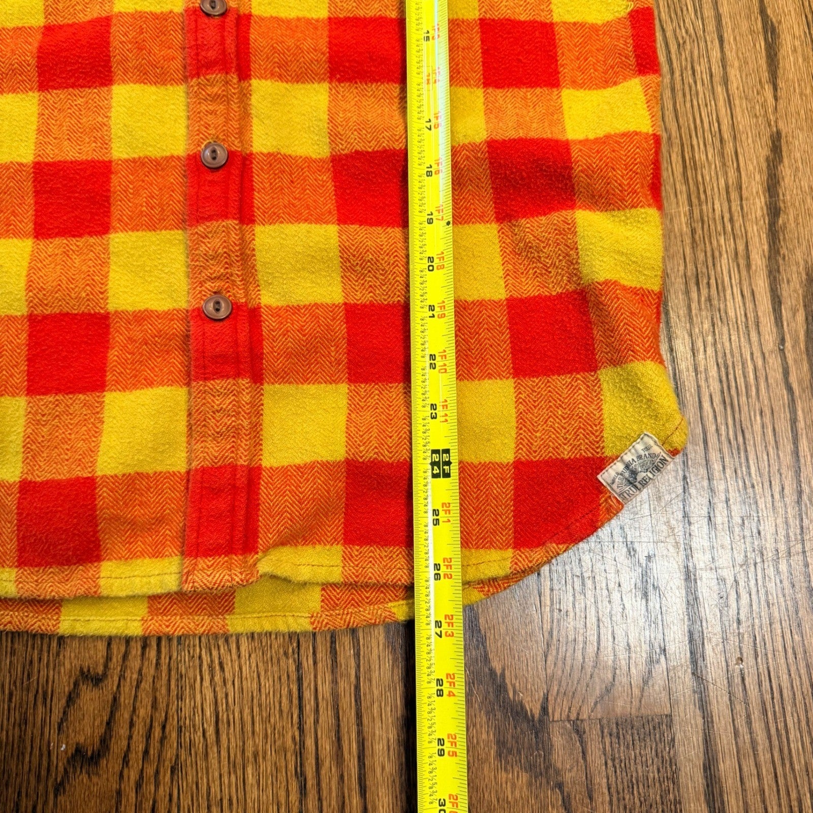 True Religion Buffalo Plaid Flannel Shirt Herringbone Button Down Small Orange