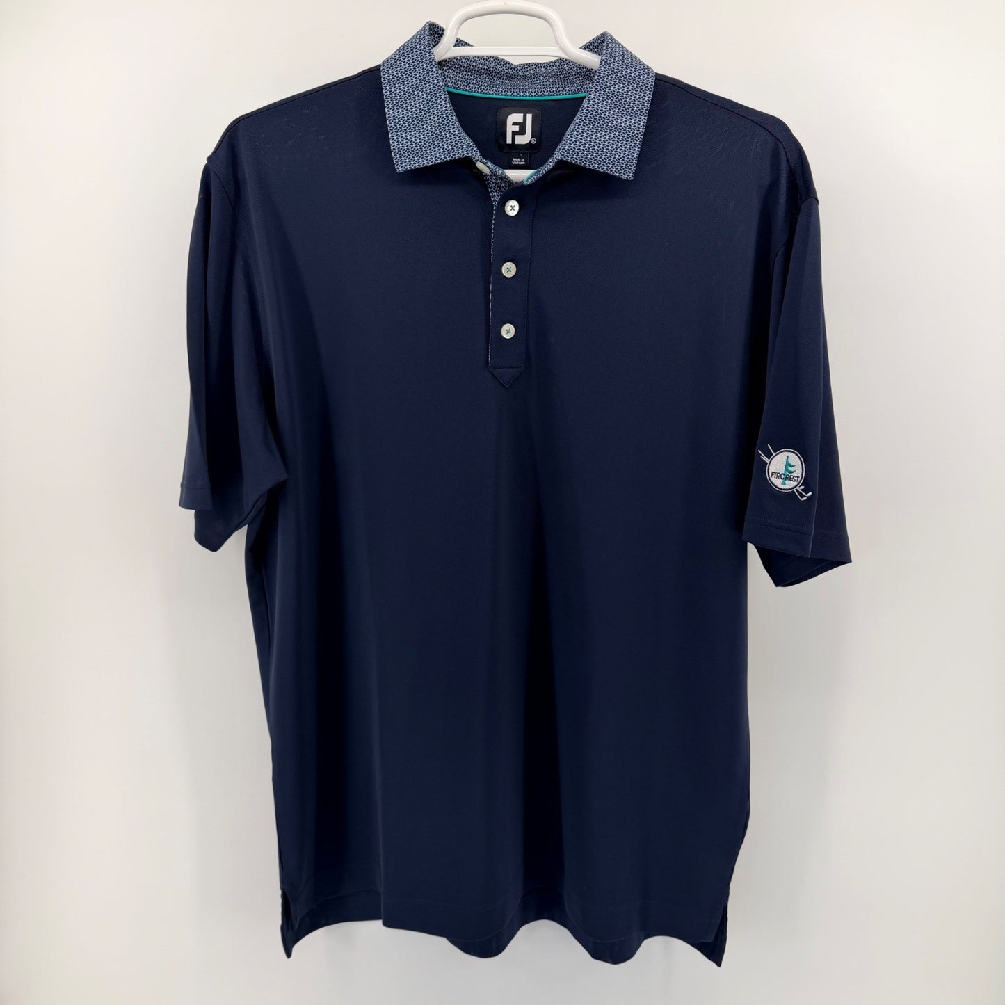 FootJoy ProDry Golf Polo Shirt Patterned Collar Fircrest Logo XL Navy Blue