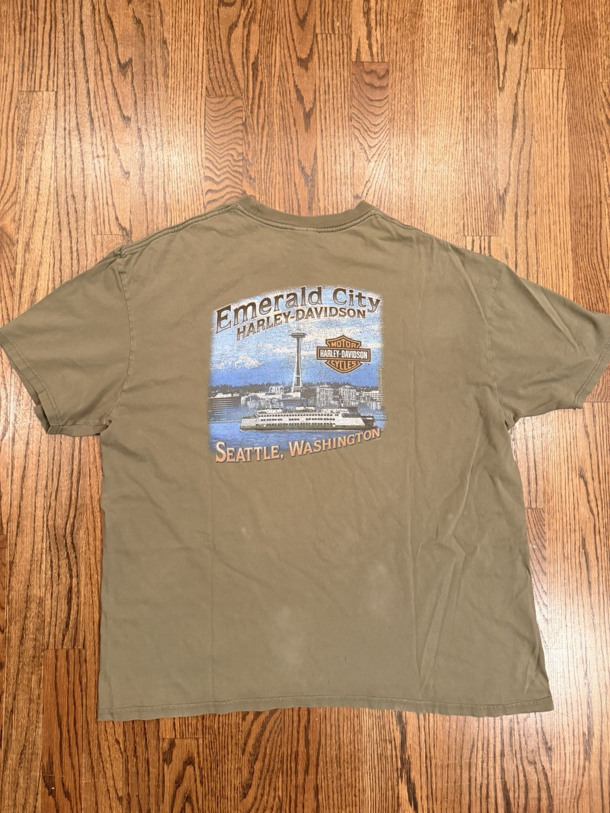 Vintage Harley Davidson Seattle Shirt 2XL Military Green Distressed