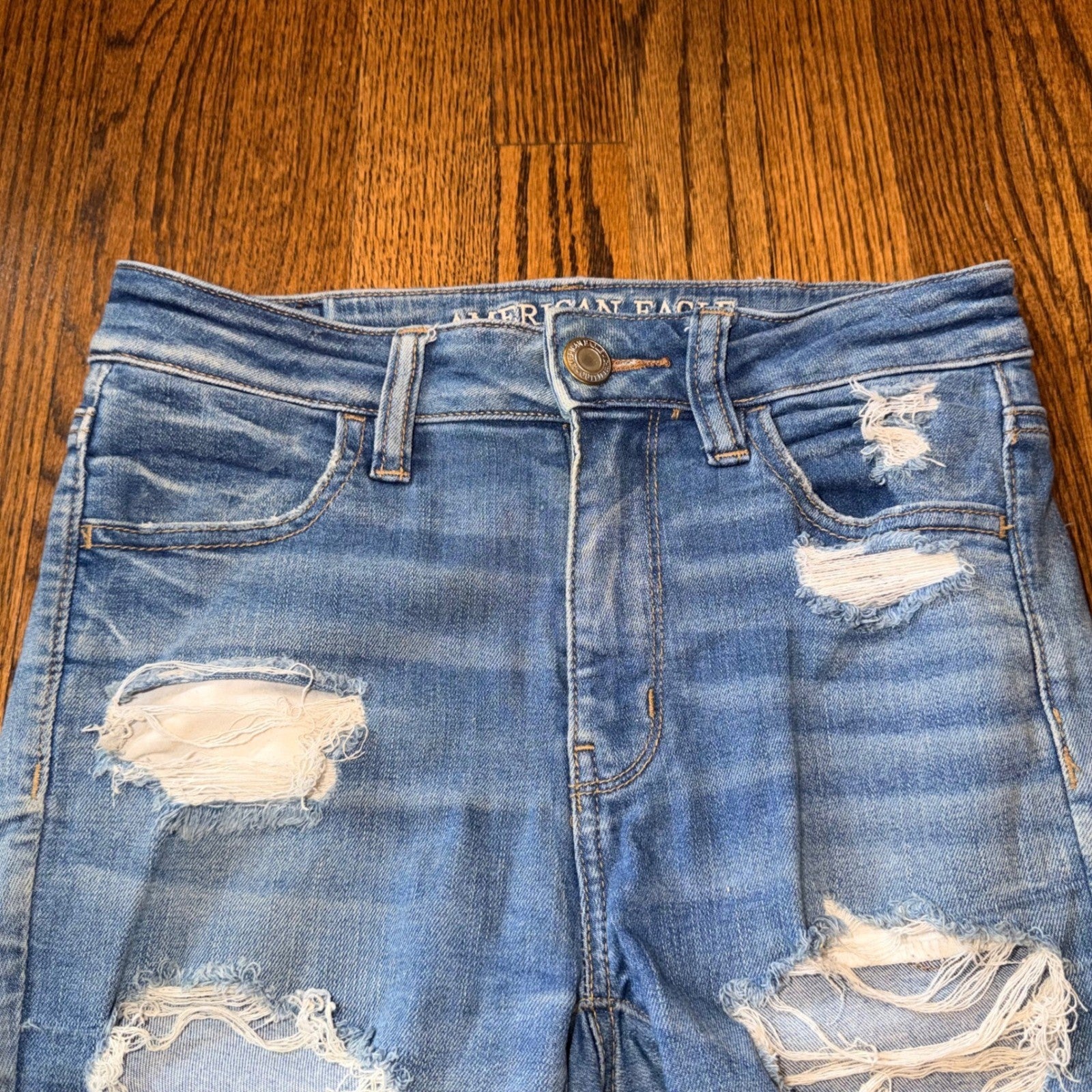 American Eagle Hi-Rise Jegging Distressed Skinny Jeans 4 Medium Wash Blue