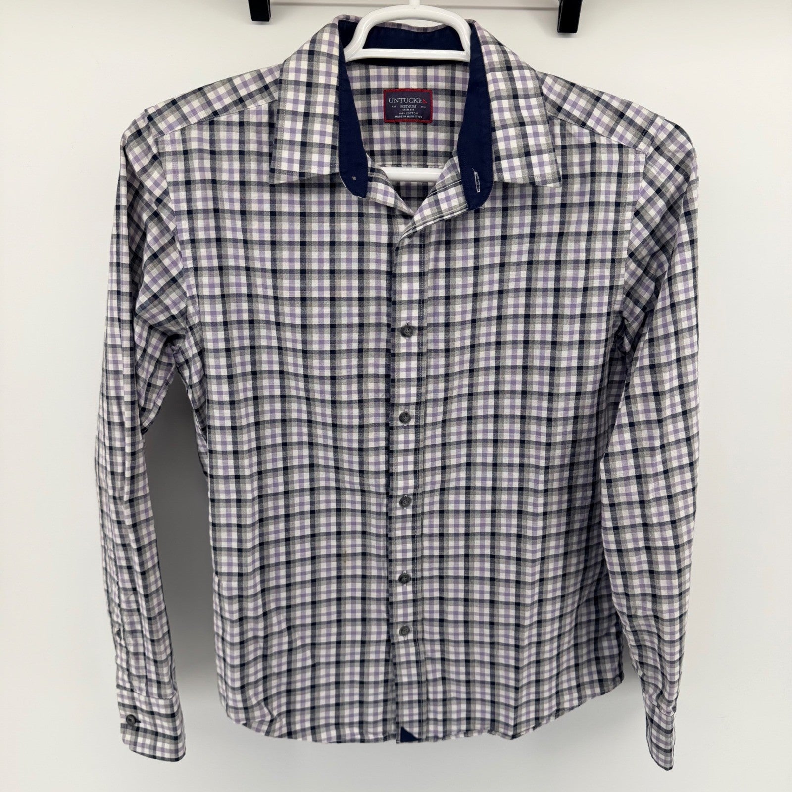 UNTUCKit Cecio Slim Fit Plaid Button Down Shirt Purple Grey Mens Medium M