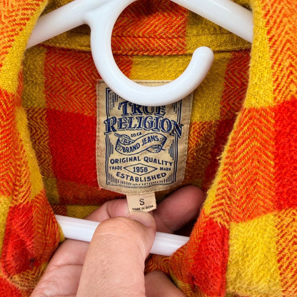 True Religion Plaid Flannel Button Down Shirt Orange Yellow Check Small Layering