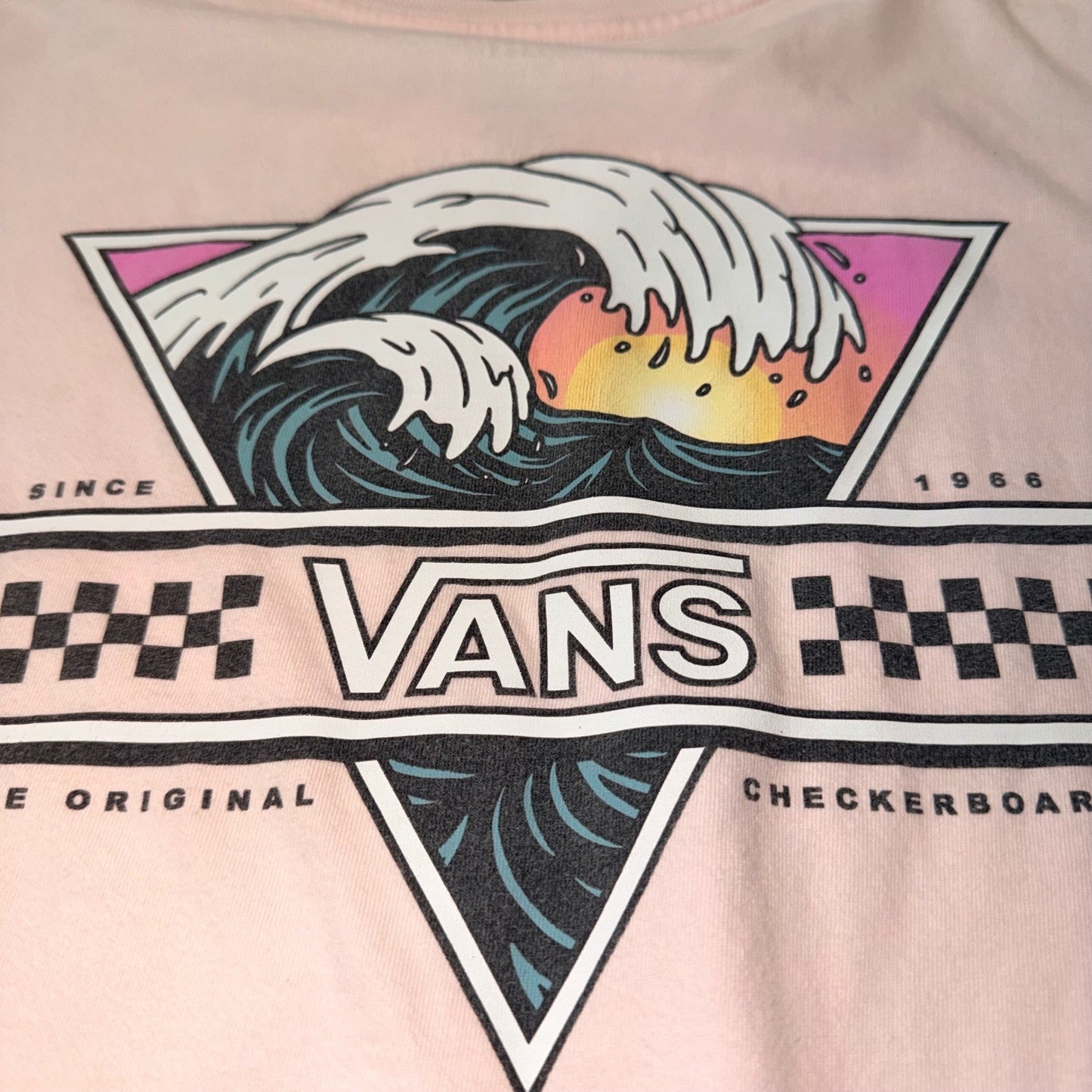 Vans Classic Fit Wave Graphic T-Shirt Checkerboard Logo Small Peach Pink