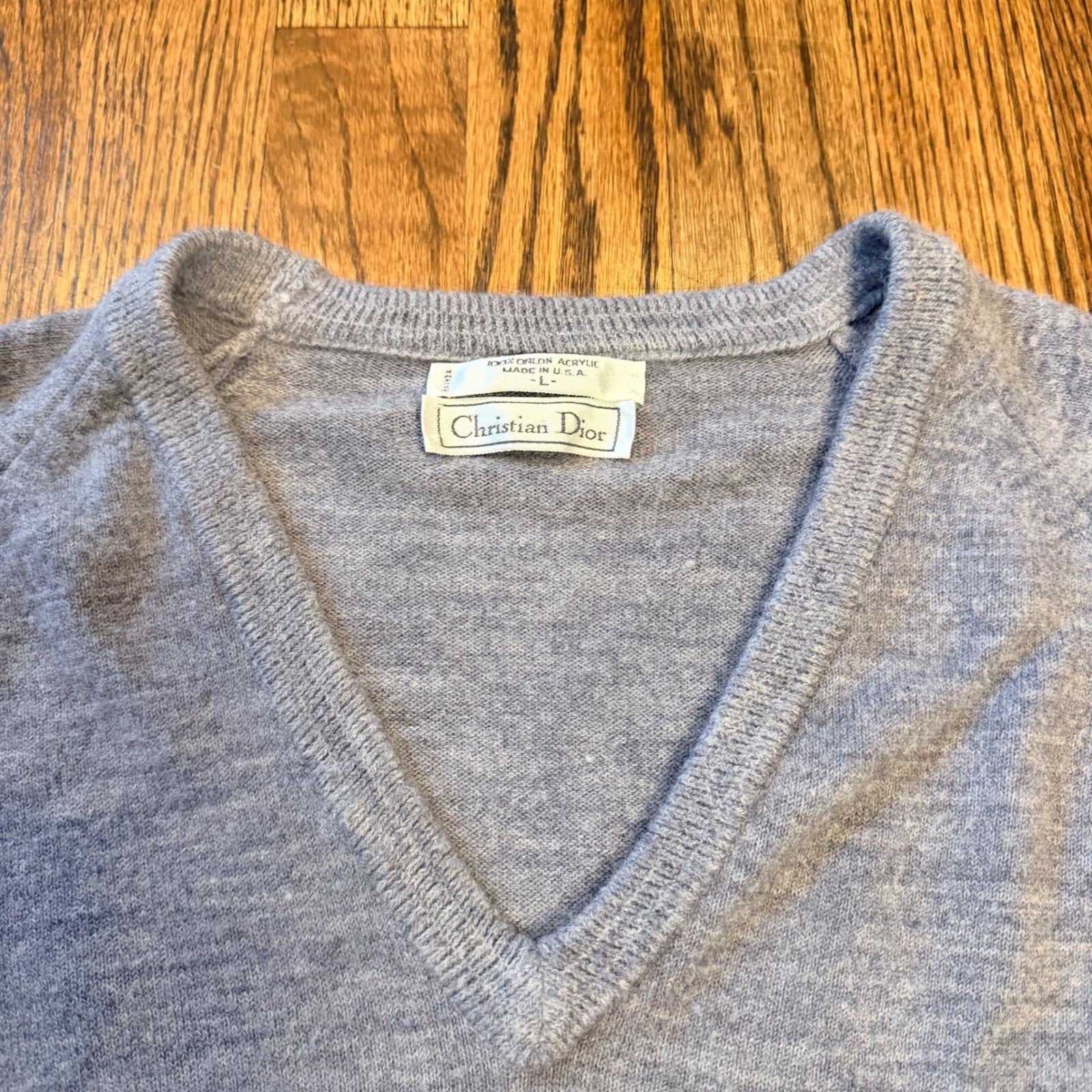 Christian Dior Monsieur Vintage 80s V-Neck Sweater Logo Orlon Large Gray