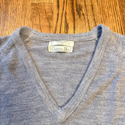 Christian Dior Monsieur Vintage 80s V-Neck Sweater Logo Orlon Large Gray