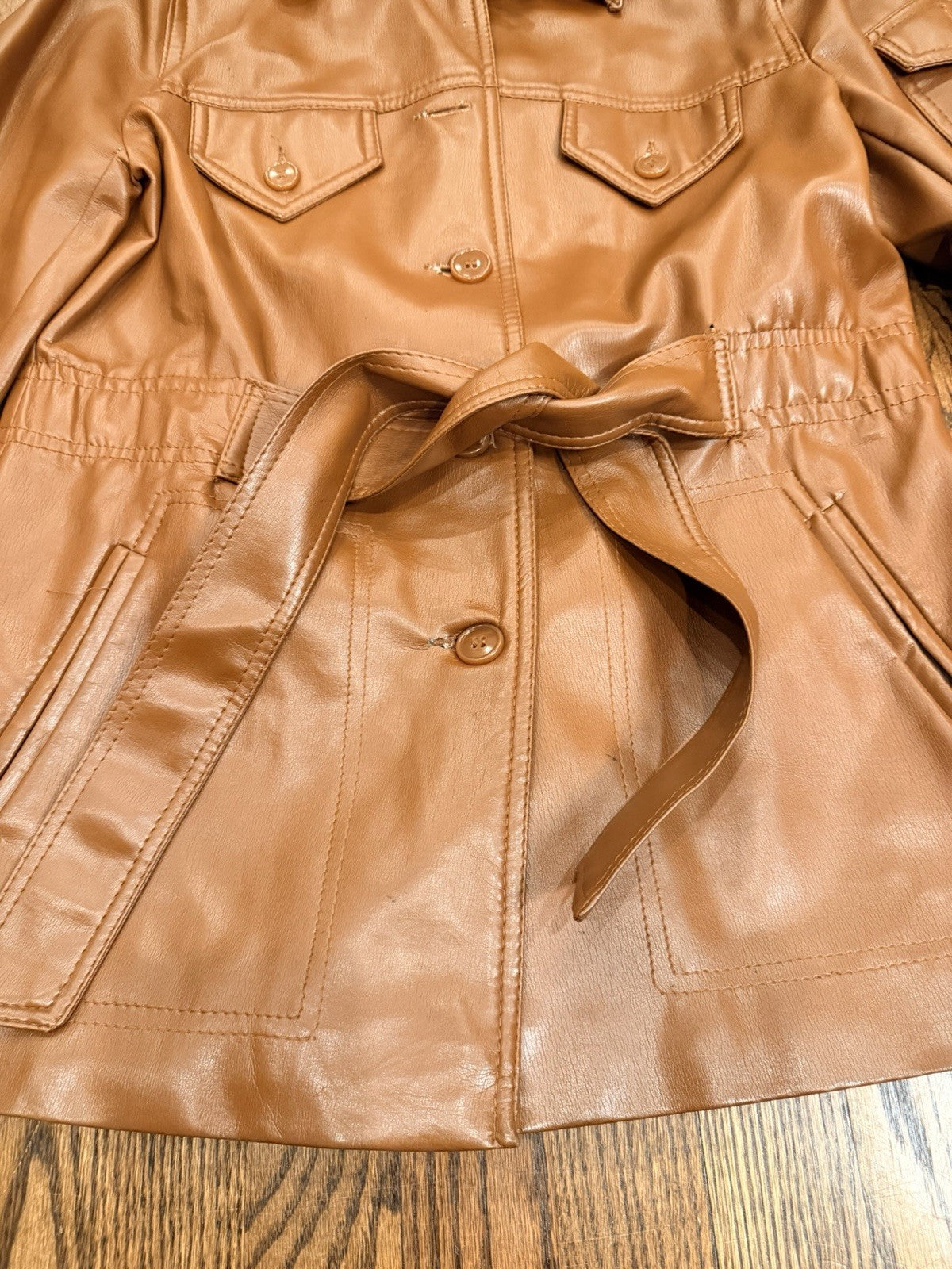 VTG Curly Top Polyvinyl Jacket Womens 11/12 Brown Belted Blazer 80s Urban Safari