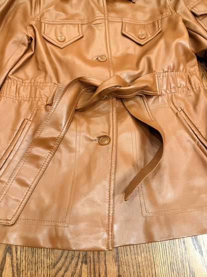 VTG Curly Top Polyvinyl Jacket Womens 11/12 Brown Belted Blazer 80s Urban Safari