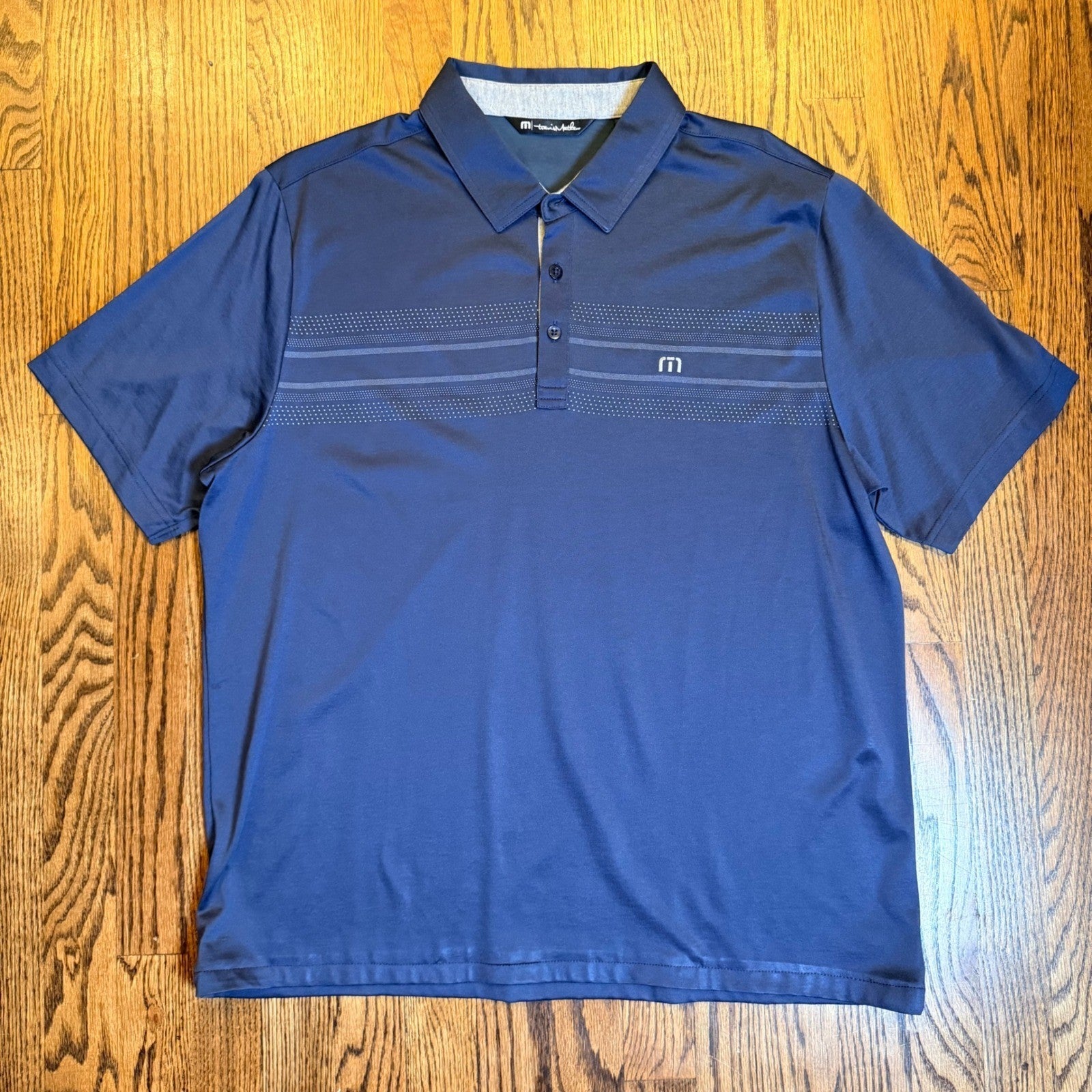 Travis Mathew Performance Golf Polo Shirt Chest Stripe XL Navy Blue Preppy