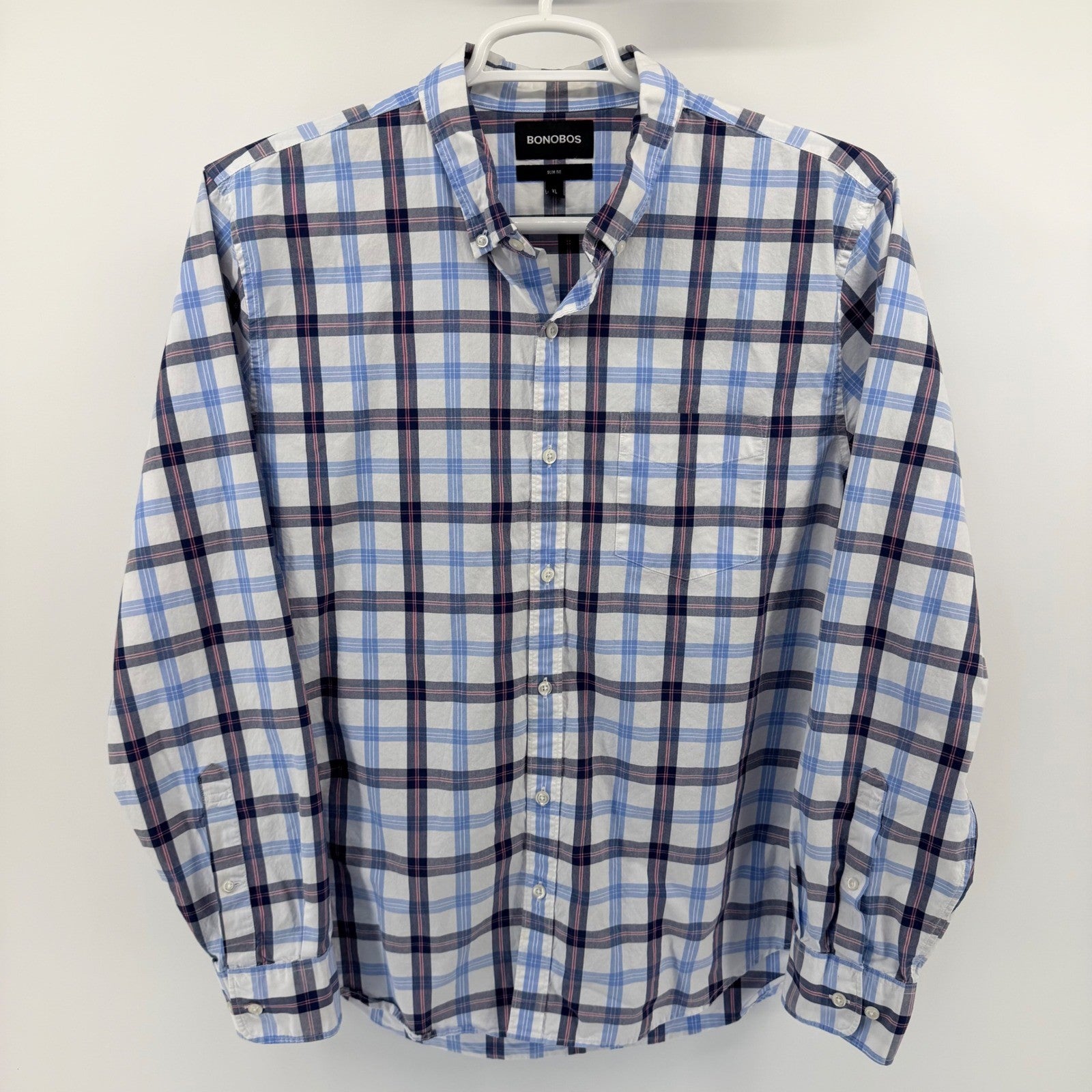 Bonobos Slim Fit Plaid Button Down Shirt XL Blue Pink Cotton Business Casual