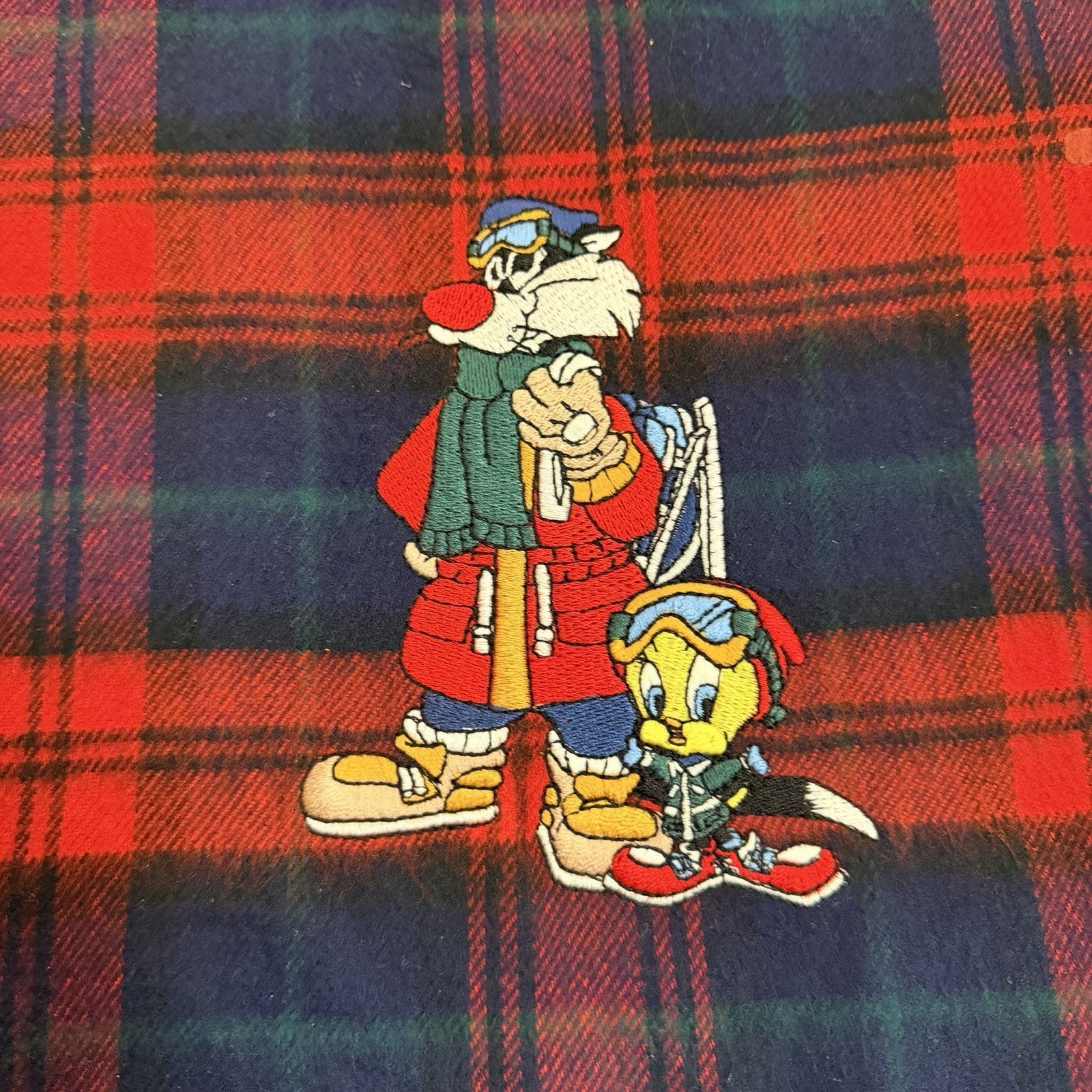 Vtg Acme Clothing Warner Brothers Embroidered Plaid Sylvester Tweety Scarf 1993