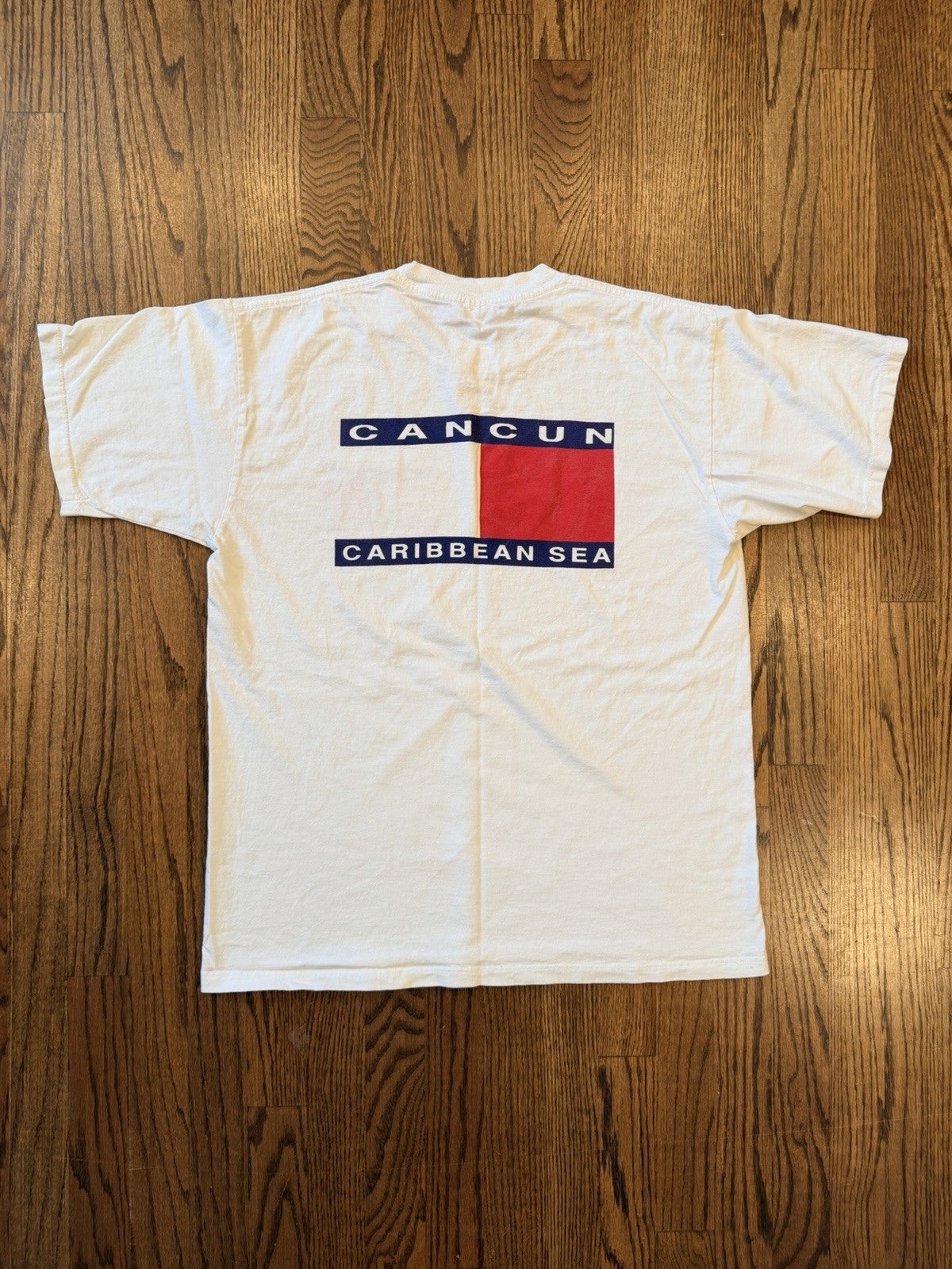 Vtg 90s Cancun Caribbean Sea Tommy Flag White Vacation T-shirt Sz L