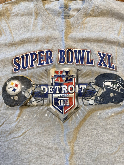 Reebok Super Bowl XL Detroit 2006 Tee Steelers Seahawks Gray T-Shirt Men’s L