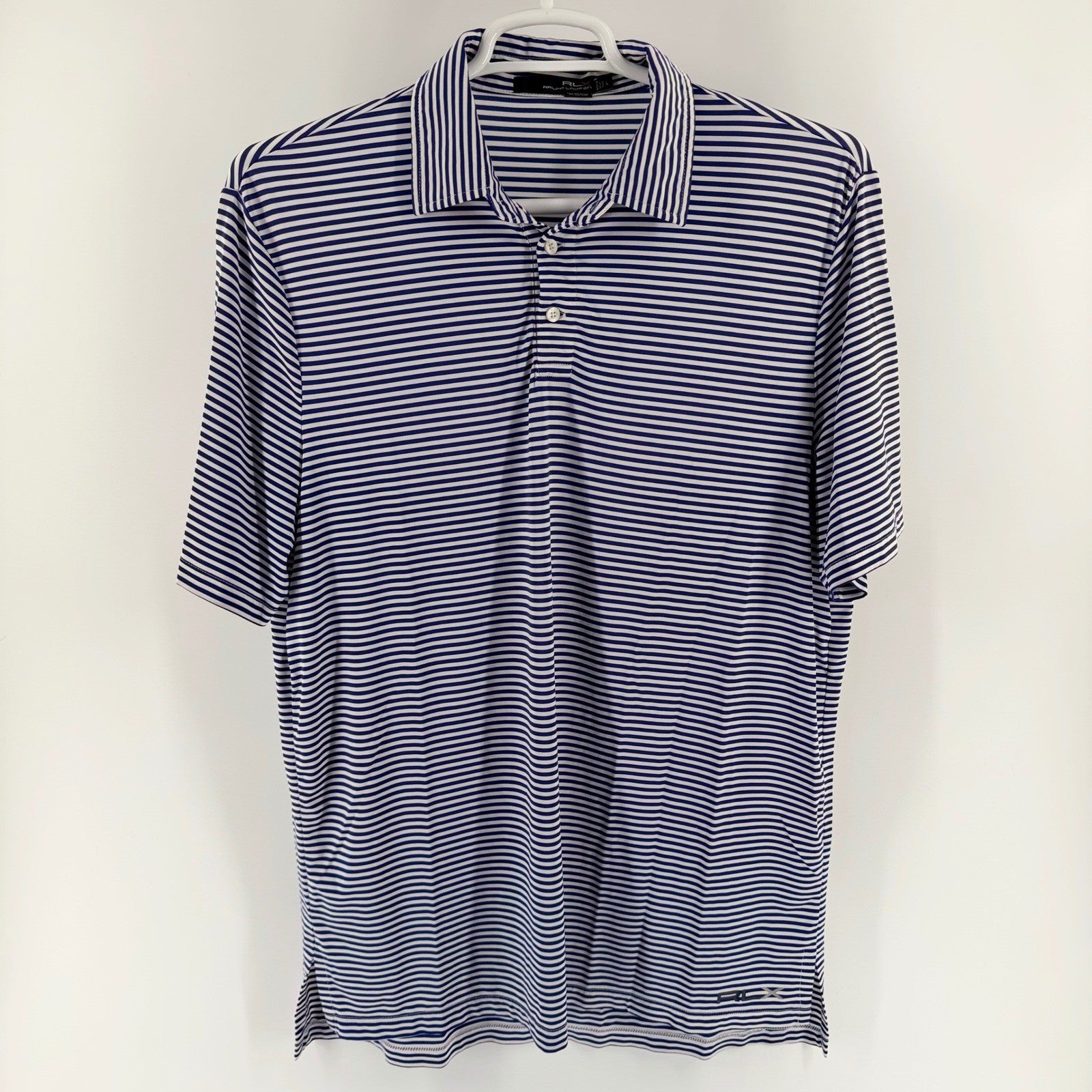 RLX Ralph Lauren Striped Performance Golf Polo Shirt Blue White Mens Large
