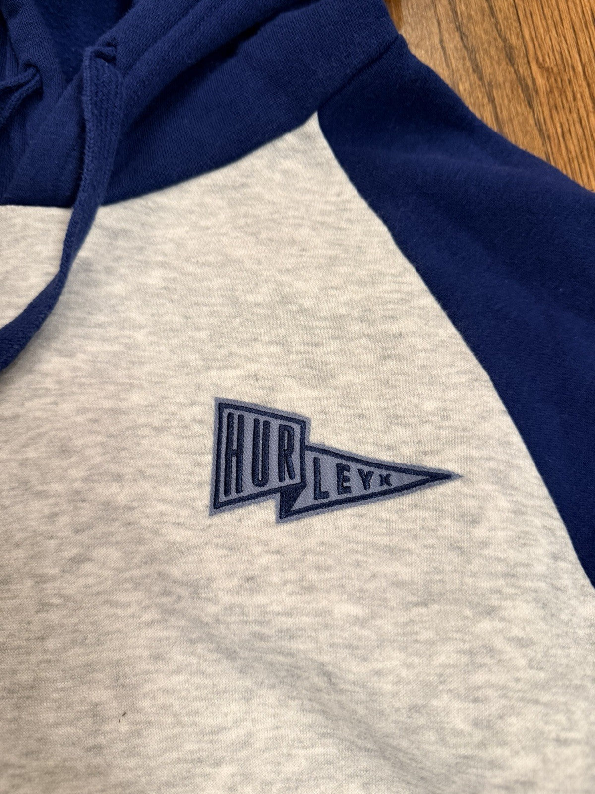 Hurley Varsity Hoodie Men’s Small Blue Gray Raglan Pullover Sweatshirt