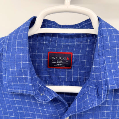 UNTUCKit Piave WR Linen Shirt Windowpane Slim Fit Small Blue Lightweight Casual