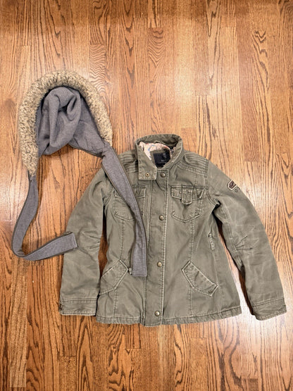 Buffalo Womens Outerwear Green/Grey Parka Denim Jacket Zip Off Hat Size XS