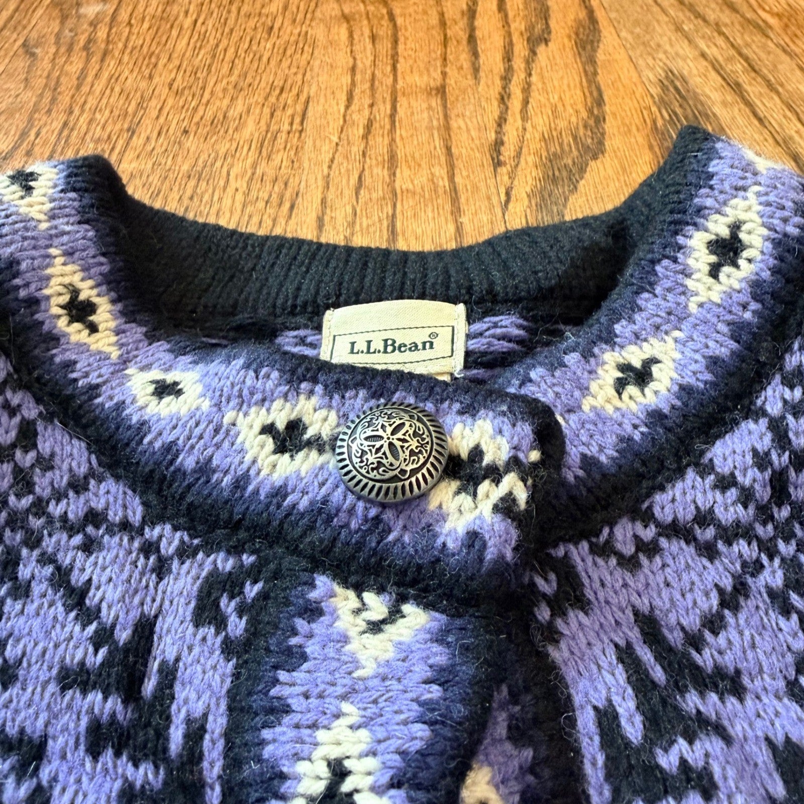 L.L. Bean Merino Wool Nordic Cardigan Fair Isle Snowflake Medium Purple Black