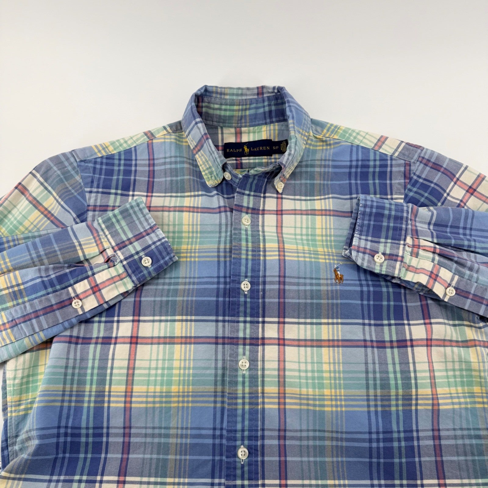 Ralph Lauren Plaid Button Down Shirt Long Sleeve Pony Logo Small Blue Green Prep