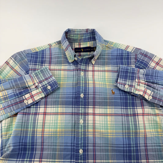 Ralph Lauren Plaid Button Down Shirt Long Sleeve Pony Logo Small Blue Green Prep