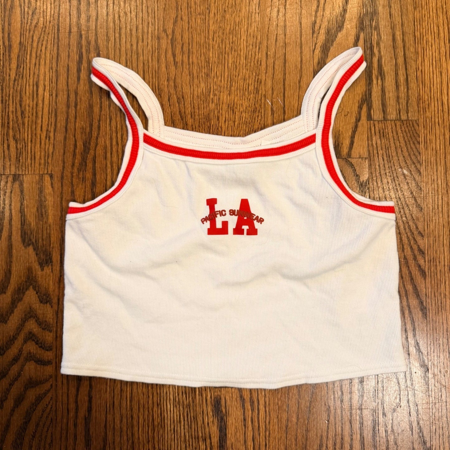 PacSun LA Pacific Sunwear Ribbed Crop Tank Top Ringer Trim Small White Red