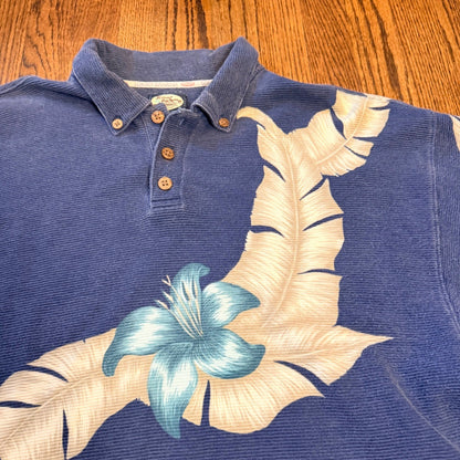 Vintage Tommy Bahama Relax Polo Shirt Tropical Floral Blue Ribbed Cotton Large