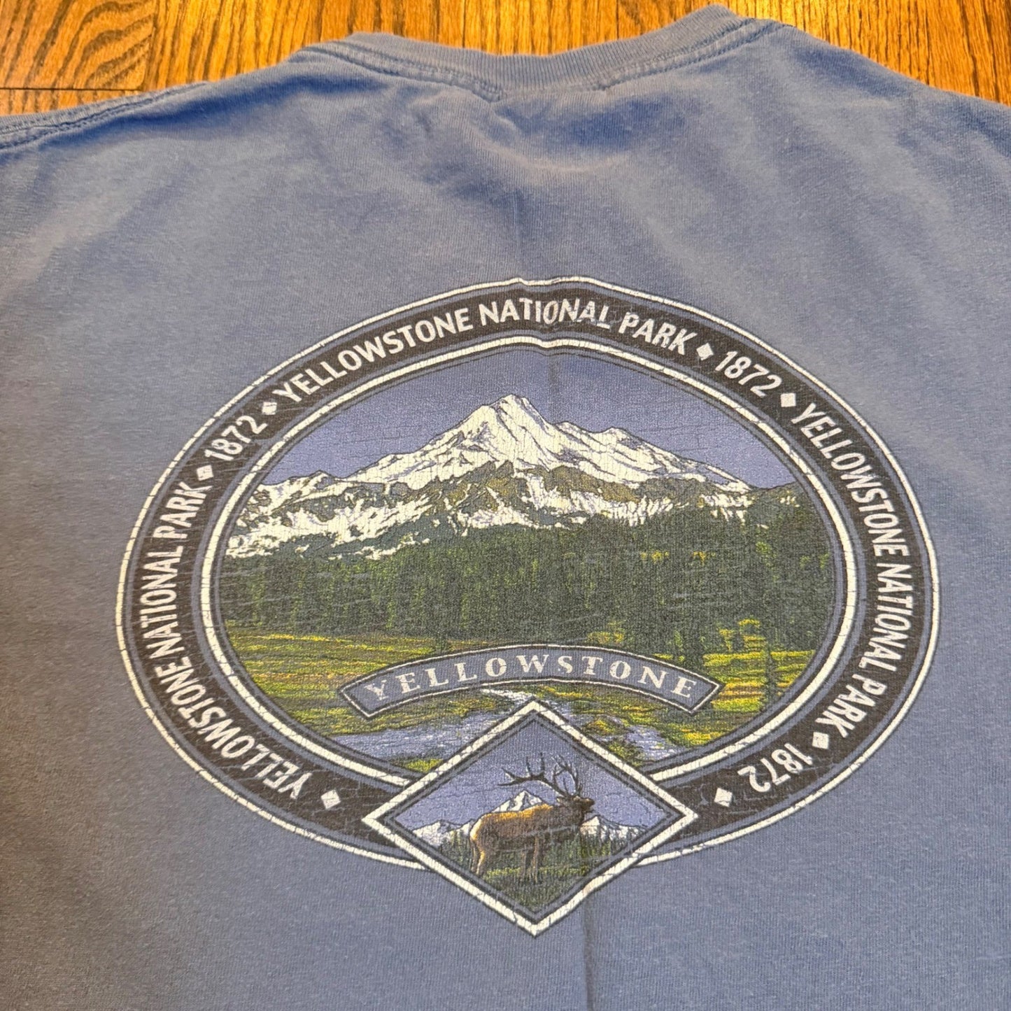 Prairie Mountain Yellowstone National Park Graphic T-Shirt Small Blue Cotton