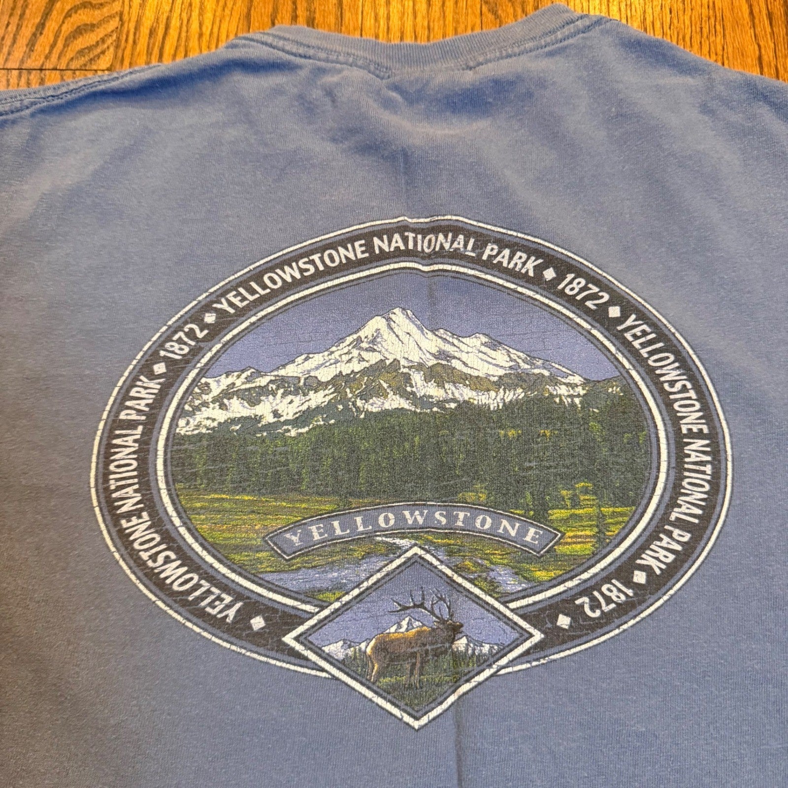 Prairie Mountain Yellowstone National Park Graphic T-Shirt Small Blue Cotton
