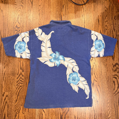 Vintage Tommy Bahama Relax Polo Shirt Tropical Floral Blue Ribbed Cotton Large