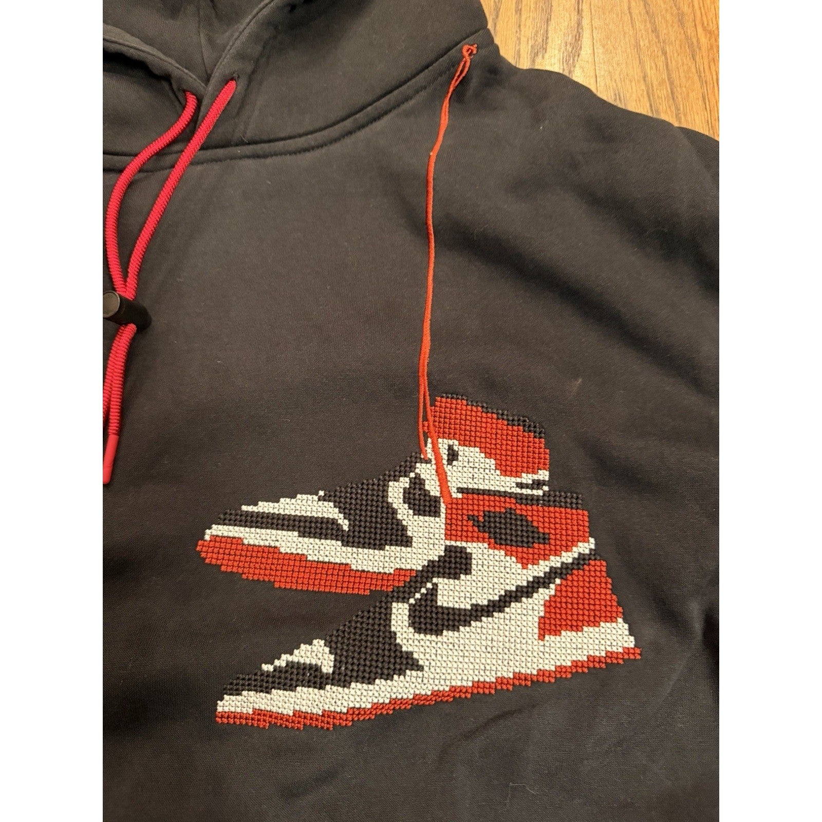 Jordan AJ1 Sneaker Graphic Hoodie Chicago Pixel Embroidery Large Black Mens