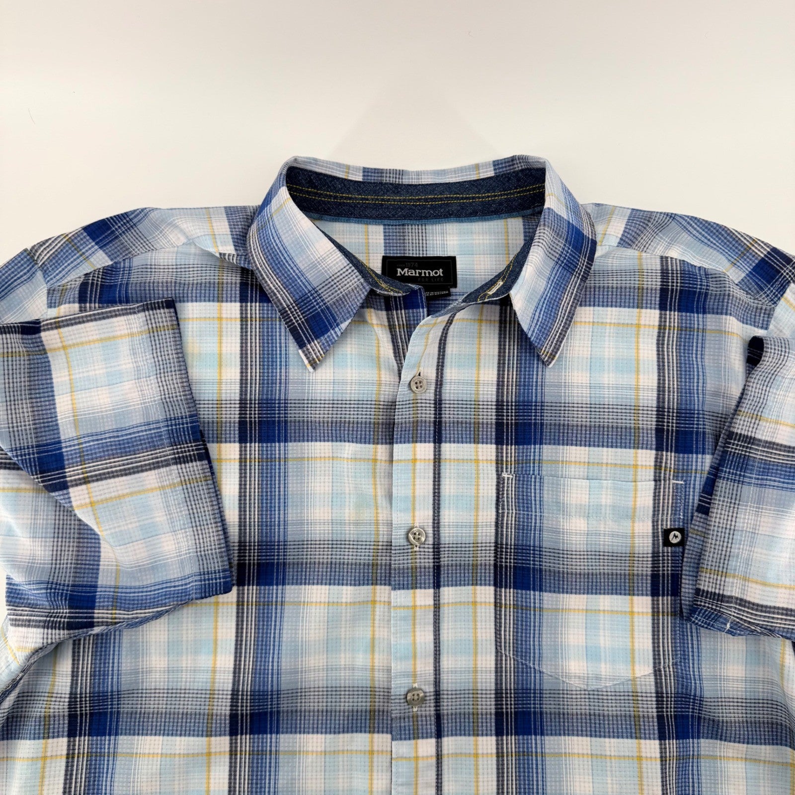Marmot Plaid Short Sleeve Button Down Shirt Hiking Outdoor Large Blue White