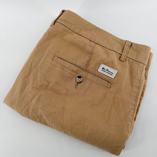 Ben Sherman Linen Blend Regular Fit Chino Shorts Tan Khaki 38W Summer Casual