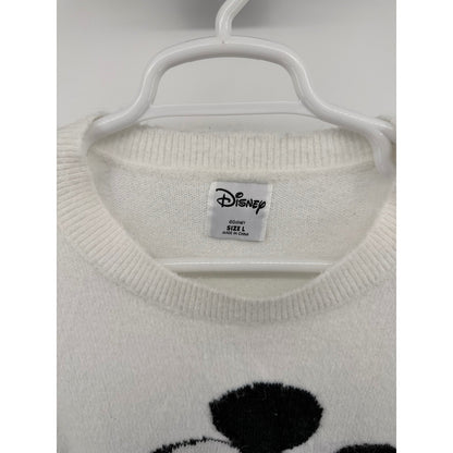 Disney Mickey Mouse Graphic Knit Crewneck Sweater Relaxed Fit Large White Poly