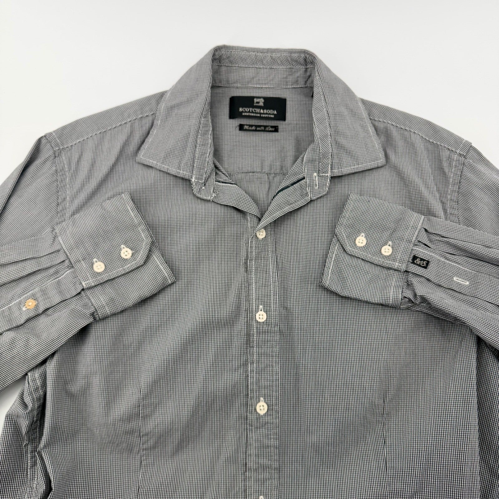 Scotch & Soda Micro Gingham Button Down Shirt Slim Fit Black White Large Mens