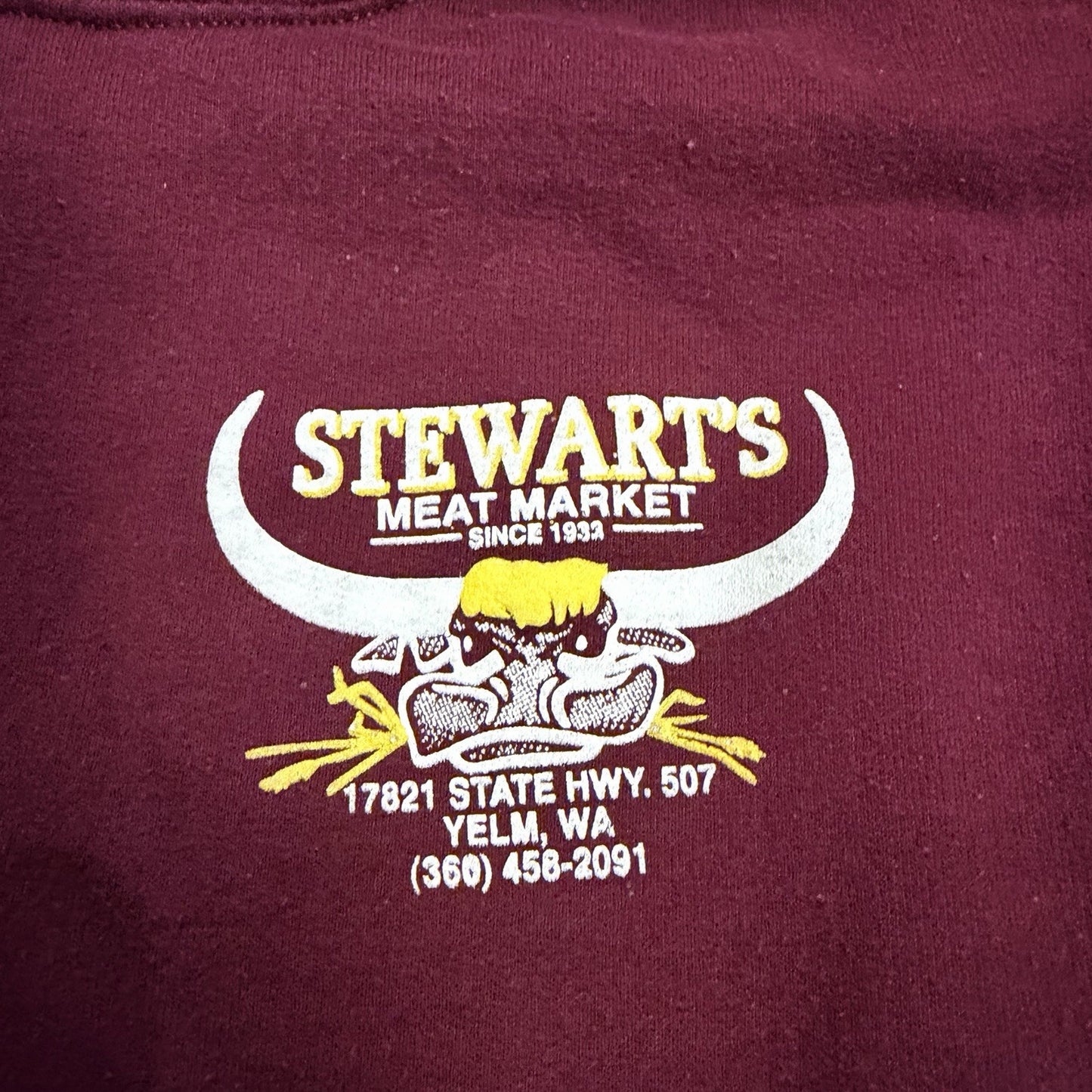 Stewart’s Meat Market Hoodie Yelm WA Local PNW Graphic Pullover Burgundy Size S