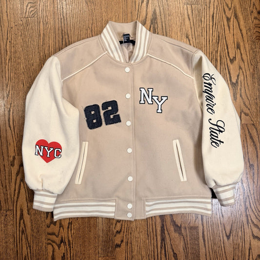 New York 1982 Empire State Varsity Bomber Jacket - Forever 21 - Tan - Size XS